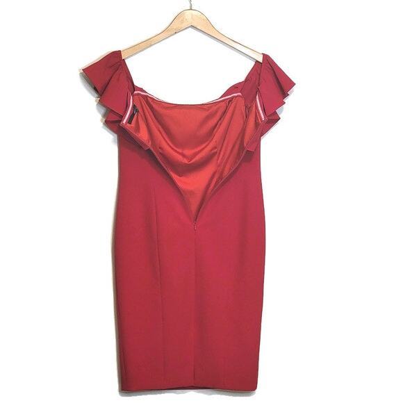 Jay Godfrey Off Shoulder Ruffle Red Midi Sheath Dress Size 4 Cocktail Formal - Picture 11 of 16